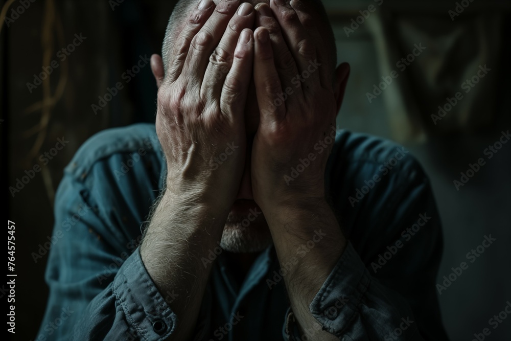 Portrait of a middle aged man covering his face with hands in despair. Concept of depression, break-up, grief, loss of loved ones Portrait of a middle aged man covering his face with hands in despair. Concept of depression, break-up, grief, loss of loved ones