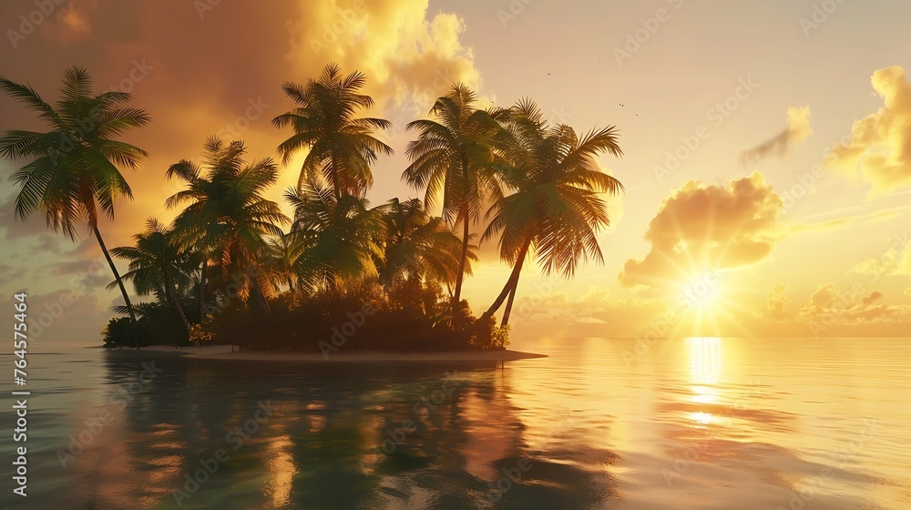 Generative AI : Beautiful tropical landscape, island with palm trees at sunset, 3d rendering