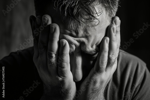 Portrait of a middle aged man covering his face with hands in despair. Concept of depression, break-up, grief, loss of loved ones
