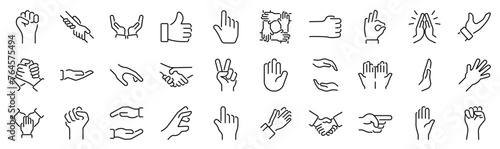 Set of 30 outline icons related to hands. Linear icon collection. Editable stroke. Vector illustration