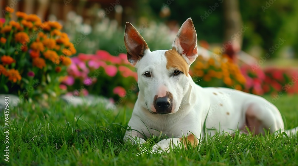 Generative AI : White with a brown patch Miniature Bull Terrier dog posing outdoors lying down on a green grass 
