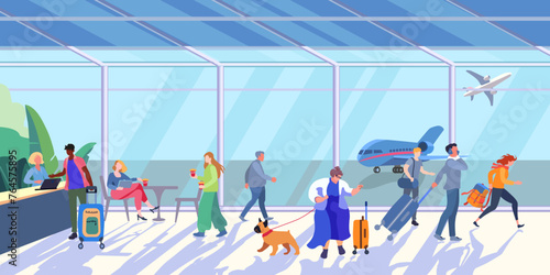Panorama of the airport hall. People waiting for an airplane flight. Overweight woman with a dog and luggage. Flight check in counter. Flat vector illustration for banner, poster and advertising