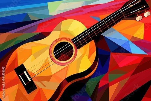 An abstract, colorful representation of a classic guitar, rendered in a vibrant cubist style that pays homage to the energetic rhythms and harmonies of music.