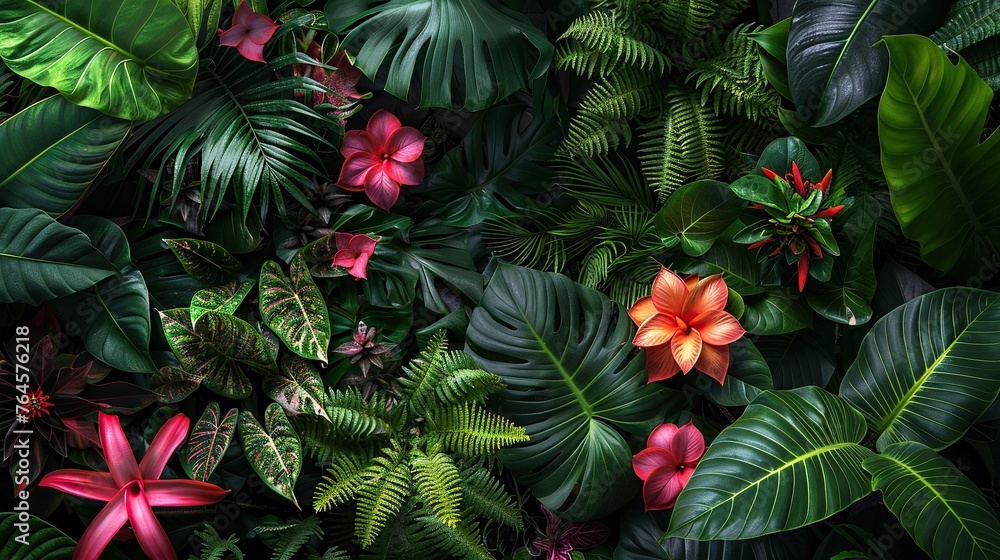 Lush tropical jungle, diverse plant life, vivid color contrasts, intricate patterns - obrazy, fototapety, plakaty 