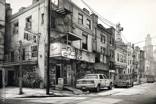 A monochromatic digital sketch that captures the raw essence of an urban street corner, with its textured buildings, graffiti, and parked cars, reminiscent of a bygone era
