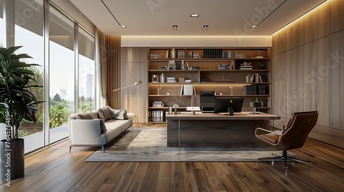 Clean and simple minimal style office, with a spacious desk, wooden floor and walls. A large window brightens the space, while comfortable office chairs and a cozy sofa provide comfort. The soft tones