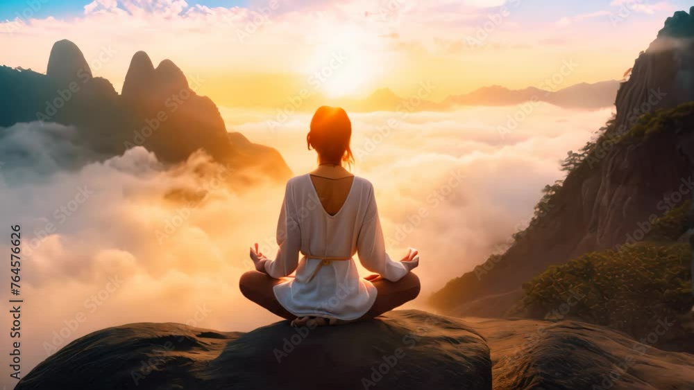 A woman finds serenity and peace as she meditates on top of a majestic mountain, Young woman meditating at dawn on a mountain with panoramic views, AI Generated A woman finds serenity and peace as she meditates on top of a majestic mountain, Young woman meditating at dawn on a mountain with panoramic views, AI Generated