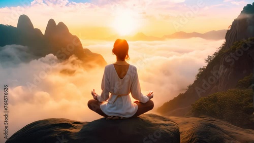 A woman finds serenity and peace as she meditates on top of a majestic mountain, Young woman meditating at dawn on a mountain with panoramic views, AI Generated photo