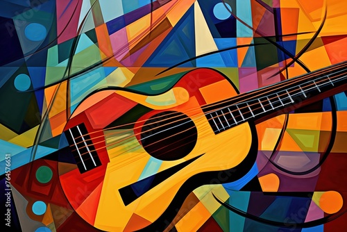 A guitar at the forefront, surrounded by a symphony of geometric shapes and bold colors, encapsulating the rhythm and movement of music.
