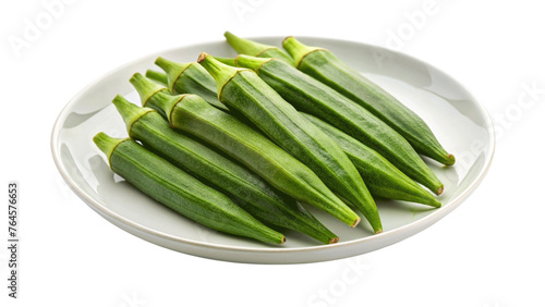 Fresh young okra on plate isolated on Transparent background.