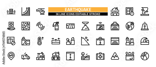 36 Earthquake Line Icons Set Pack Editable Stroke Vector Illustration. photo