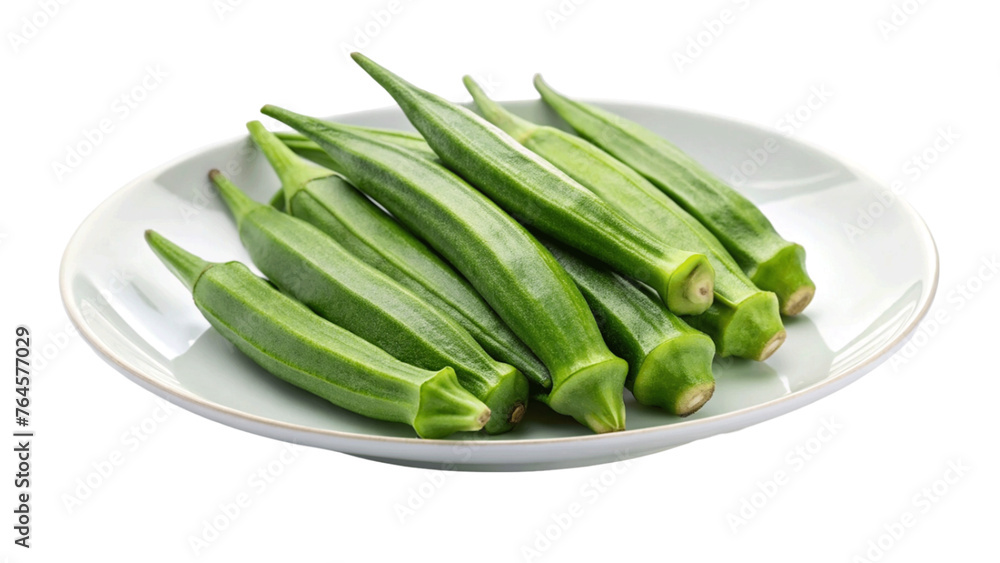Fresh young okra on plate isolated on Transparent background. Fresh young okra on plate isolated on Transparent background.