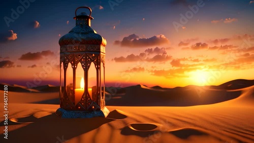 Arabic lantern in the desert at sunset. Ramadan Kareem background, Arabic lantern with burning candle in desert at sunset for Ramadan, AI Generated photo