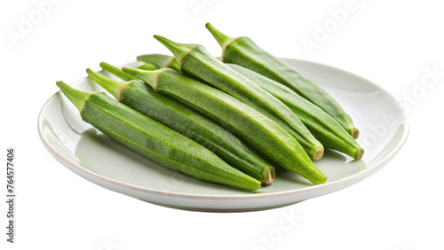 Fresh young okra on plate isolated on Transparent background.