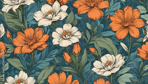 Seamless pattern features orange and white flowers on a blue background