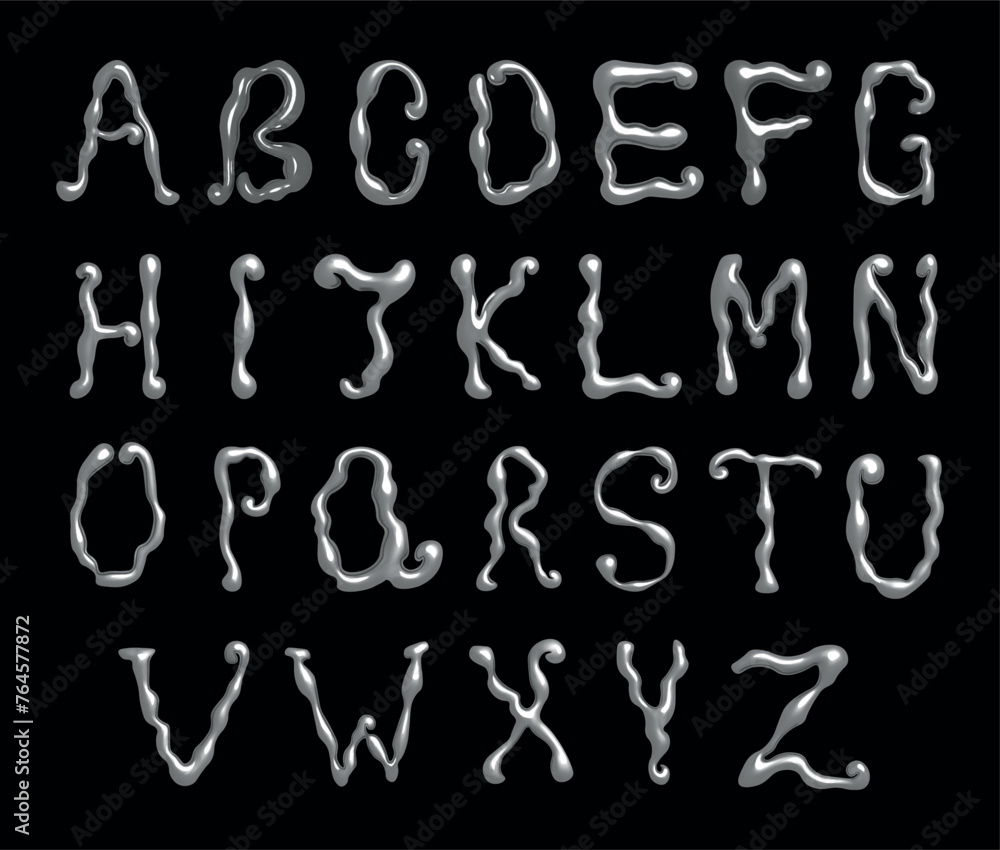 Alphabet in Y2K style with chrome effect. Vector isolated 3d realistic letters on black background Alphabet in Y2K style with chrome effect. Vector isolated 3d realistic letters on black background