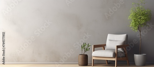 A room featuring a chair and a potted plant, with a backdrop of a concrete wall