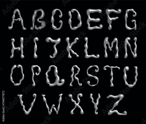 Alphabet in Y2K style with chrome effect. Vector isolated 3d realistic letters on black background