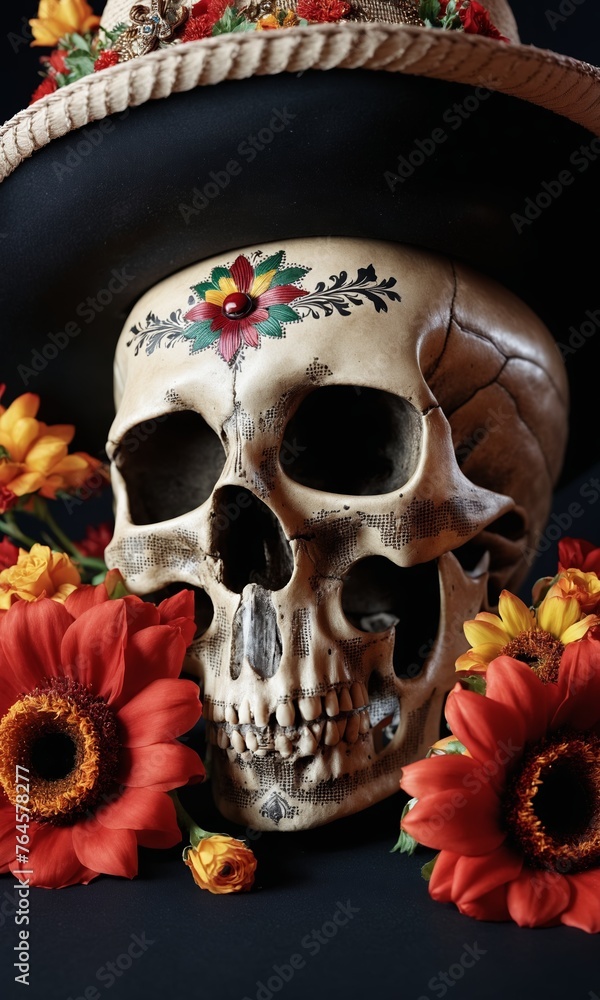 Skull with flowers and sombrero on a black background.