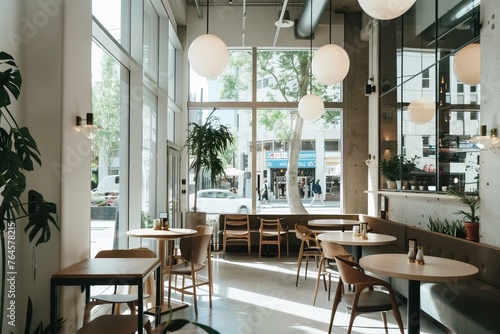 A modern cafe with sleek decor  minimalist furniture  and large windows offering views of the bustling city streets outside  Generative AI