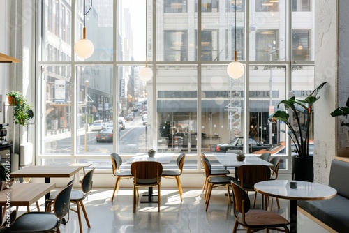 A modern cafe with sleek decor, minimalist furniture, and large windows offering views of the bustling city streets outside, Generative AI © ManusiaIkan