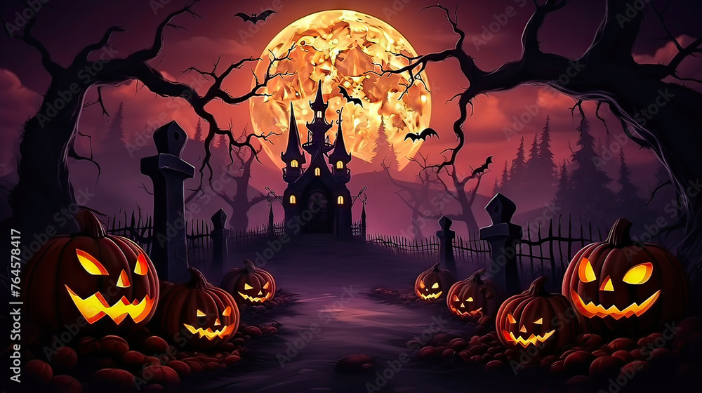 Fototapeta premium Pumpkins In Graveyard In The Spooky Night - Halloween Backdrop. Generative ai illustration.