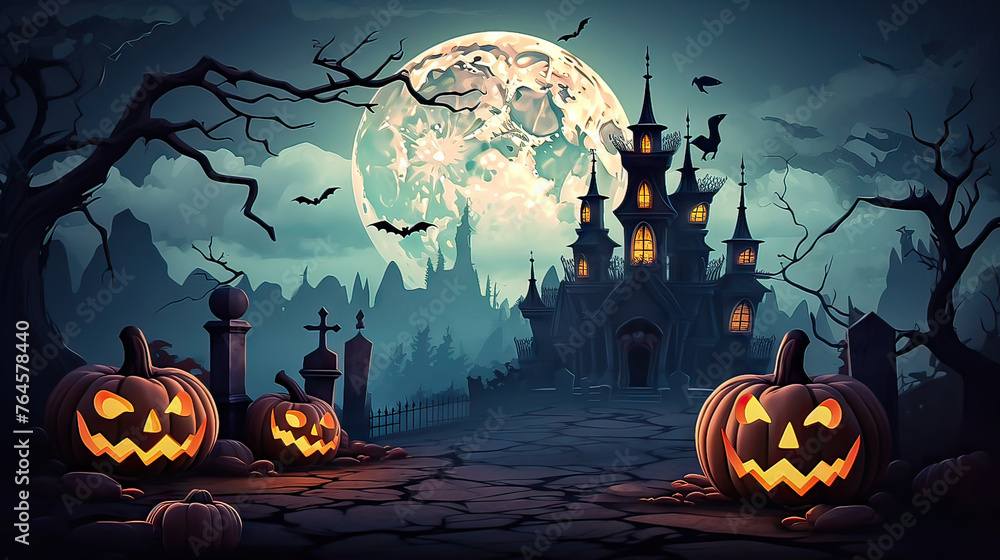 Fototapeta premium Pumpkins In Graveyard In The Spooky Night - Halloween Backdrop. Generative ai illustration.
