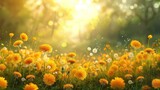 A warm, sunlit meadow full of yellow dandelions with delicate seeds floating in the gentle breeze, symbolizing spring and renewal.