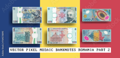 Vector set of pixel mosaic banknotes of Romania. Collection of notes in denominations of 100 and 2000 lei. Obverse and reverse. Play money or flyers. Part 2