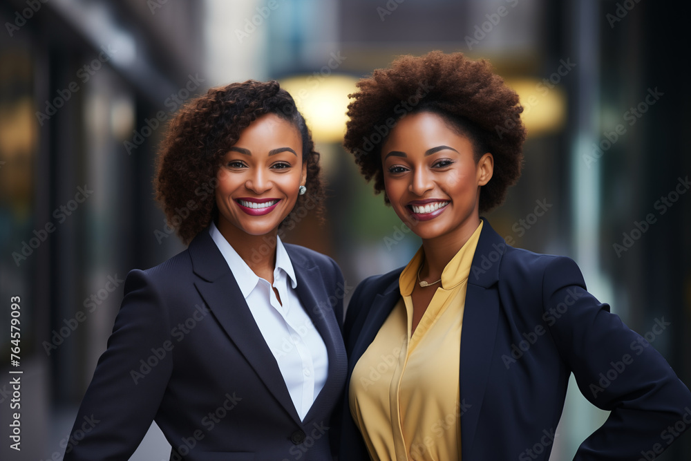 Smiling black businesswomen in suit. Women in work clothes. Rich women. Business boss. Boss of a start-up. Afro american women. American women. African women. Africa country. AI.
Smiling black businesswomen in suit. Women in work clothes. Rich women. Business boss. Boss of a start-up. Afro american women. American women. African women. Africa country. AI.