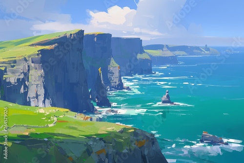 A digital painting of an oil-painted landscape of the west coast in Ireland, with rolling green hills leading down to turquoise waters and dramatic cliffs. 