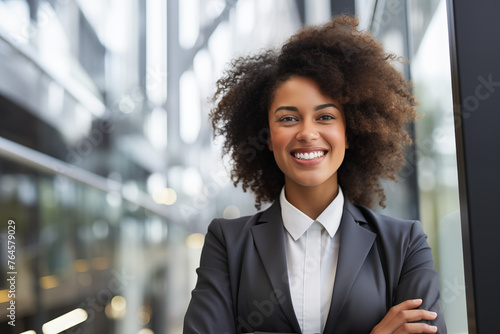 Smiling black businesswomen in suit. Women in work clothes. Rich women. Business boss. Boss of a start-up. Afro american women. American women. African women. Africa country. AI.

