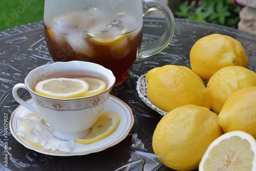 lemon slices on the rim of a teacup, with a pitcher of iced tea nearby