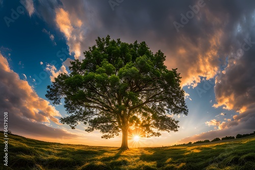 A single tree standing tall in a vast, open field at sunrise Desktop Wallpaper