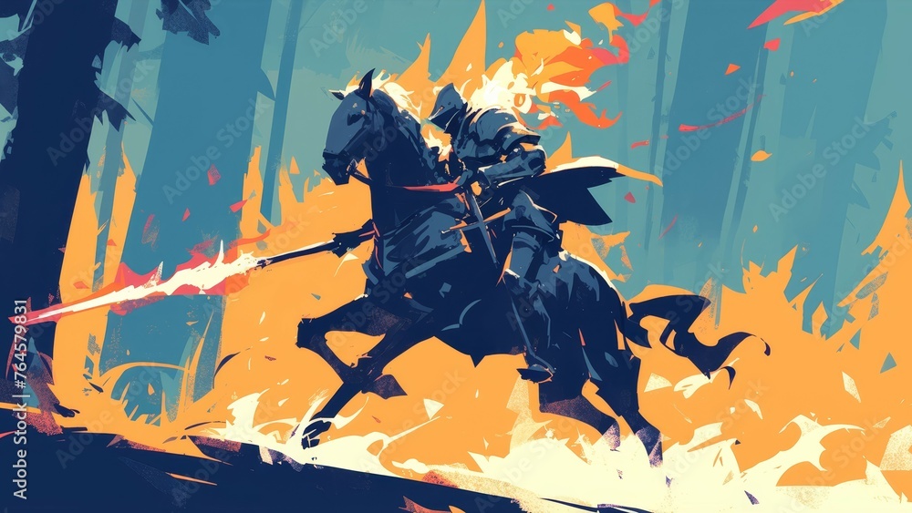 A knight on horseback, wielding an electric spear and charging through ...
