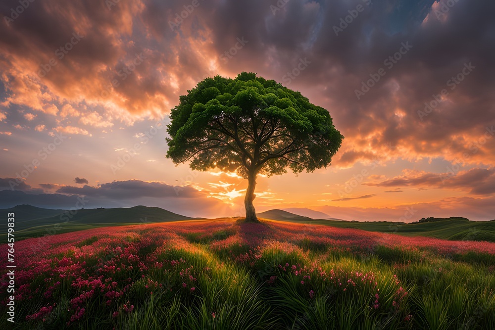 A single tree standing tall in a vast, open field at sunrise Desktop Wallpaper A single tree standing tall in a vast, open field at sunrise Desktop Wallpaper