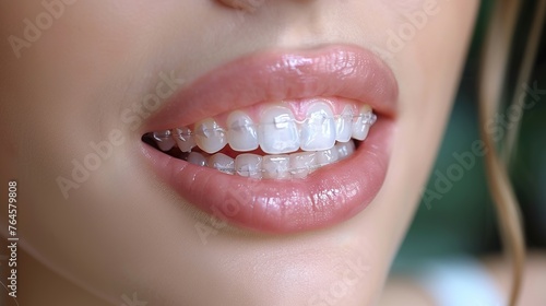 Young woman smile with dental braces. Brackets on the teeth after whitening