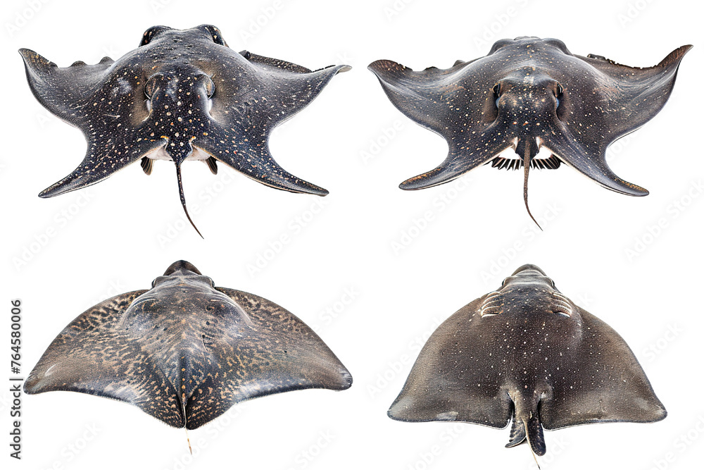 Collection of 4 Stingray fish In different view, Front view, side view, rear view isolated on white background Collection of 4 Stingray fish In different view, Front view, side view, rear view isolated on white background