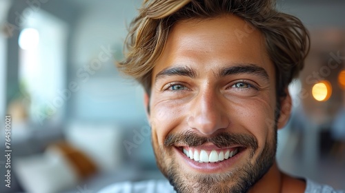 Photo of atractive guy toothy smiling white dentist teeth in camera