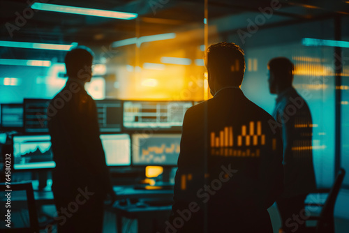 Business boardroom analysis: Three men are standing in front of computer monitors, looking at the screens. The room is dimly lit, and the men are wearing suits. Scene is serious and focused