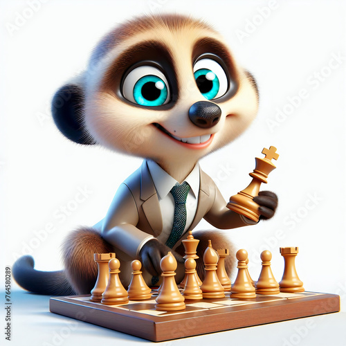 3d meerkat cartoon playing chess isolated on white background © M.studio