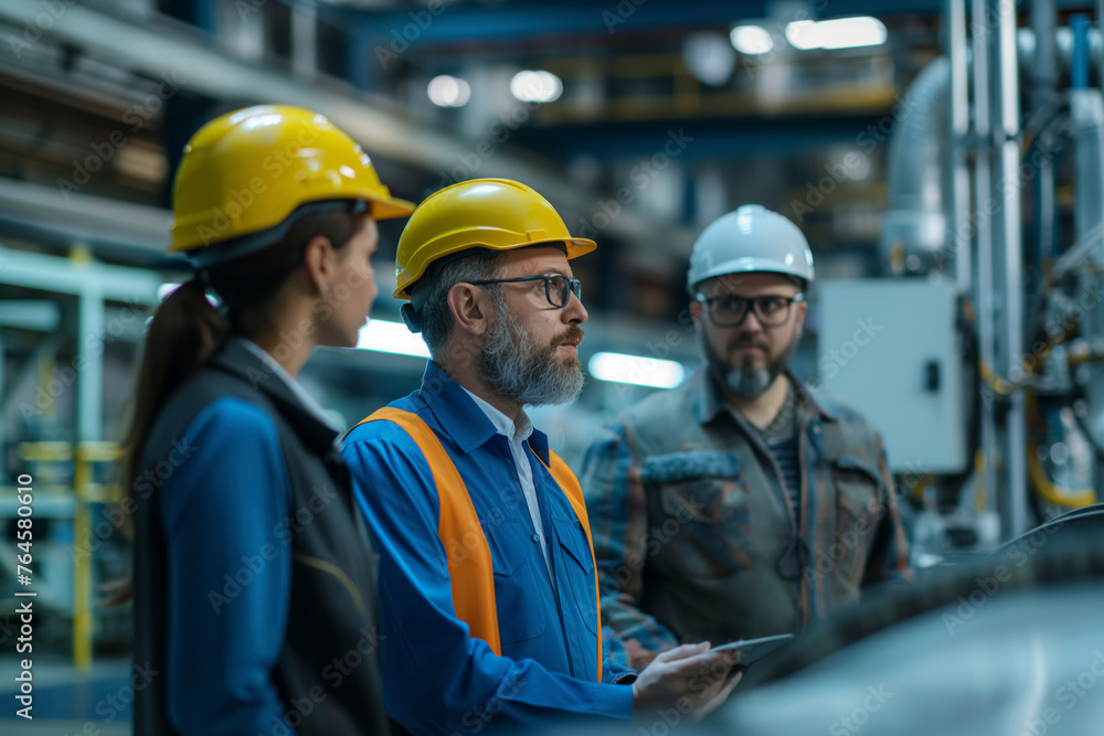 Construction factory team meeting,Machine inspection, Three men in safety gear are standing around a machine, looking at it. They are wearing hard hats and safety vests Construction factory team meeting,Machine inspection, Three men in safety gear are standing around a machine, looking at it. They are wearing hard hats and safety vests