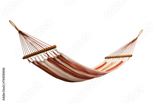 Serenity in Stripes: A Red and White Striped Hammock Swinging From a Wooden Pole. On White or PNG Transparent Background..