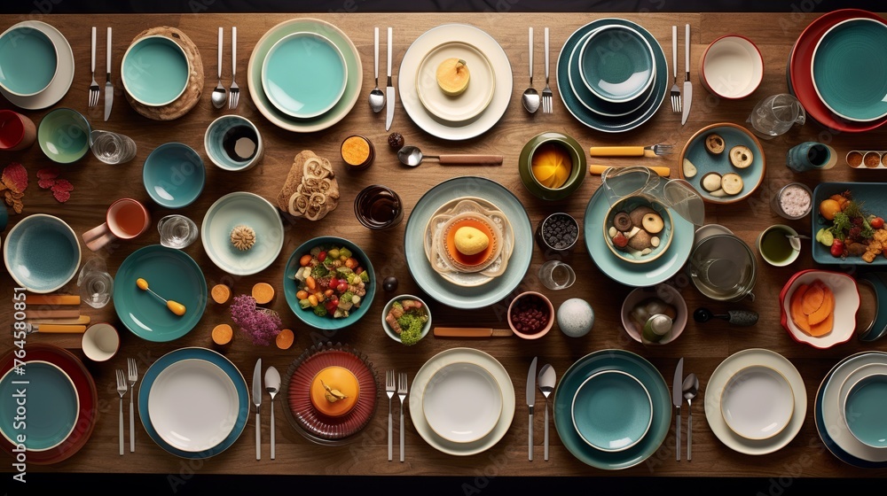 A table with a variety of foods and utensils, including plates, forks, knives, and spoons A table with a variety of foods and utensils, including plates, forks, knives, and spoons