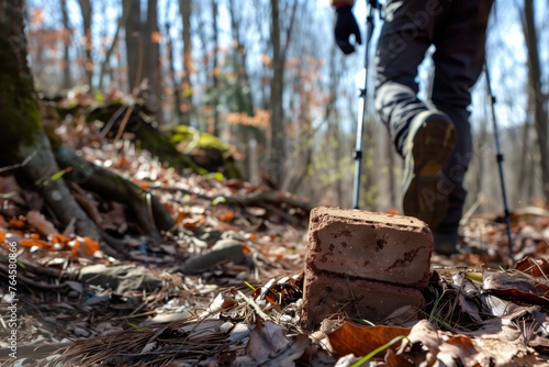 hiker using a brick as a trail marker in woods