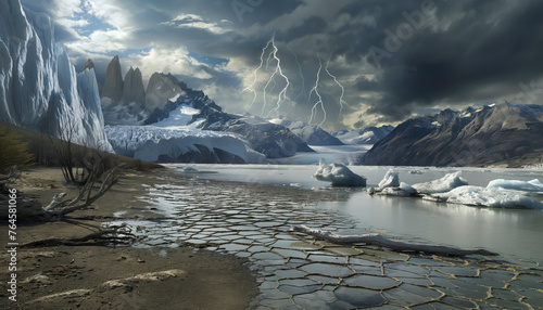 Climate Change, global warming, Heat: A desolate Glacier landscape with water, a few ice formations. The sky is dark and stormy,lightning bolts illuminating the scene, desolation,isolation