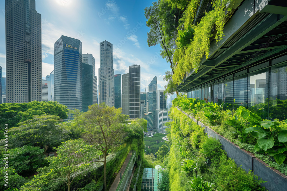 Fototapeta premium A city with a lot of green plants and trees,Singapore, the Bosco Verticale skyscrapers merge nature with architecture, while Milan's financial district redefines the urban skyline