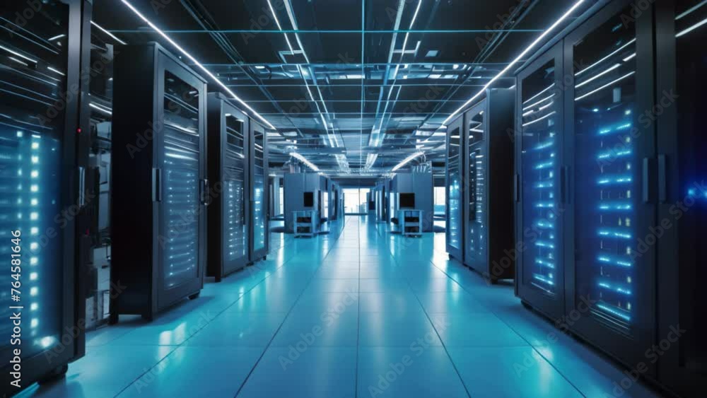 A visual of multiple rows of servers illuminated by blue lights in a data center, Data center server room, AI Generated A visual of multiple rows of servers illuminated by blue lights in a data center, Data center server room, AI Generated