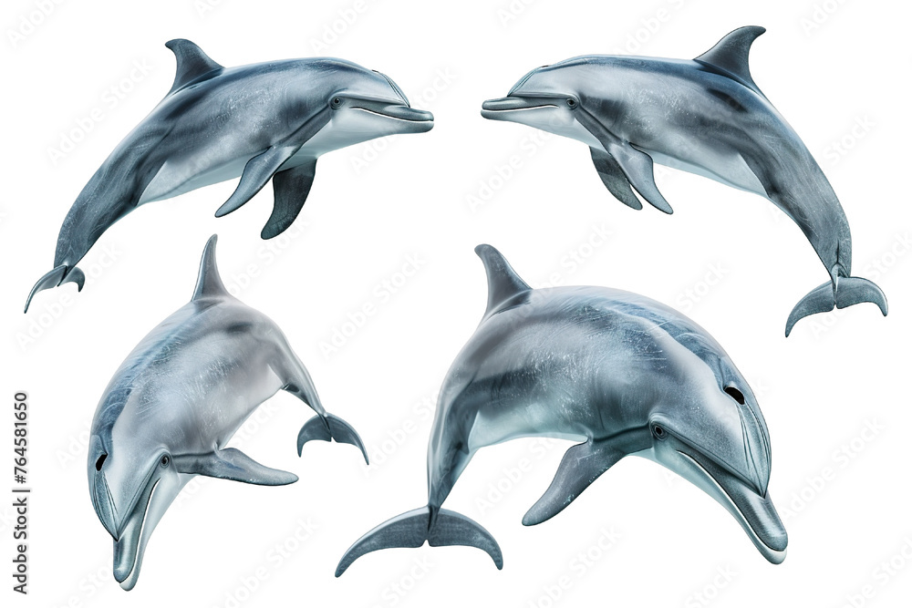 Collection of  Dolphin fishes In different view, Front view, side view, rear view isolated on white background PNG