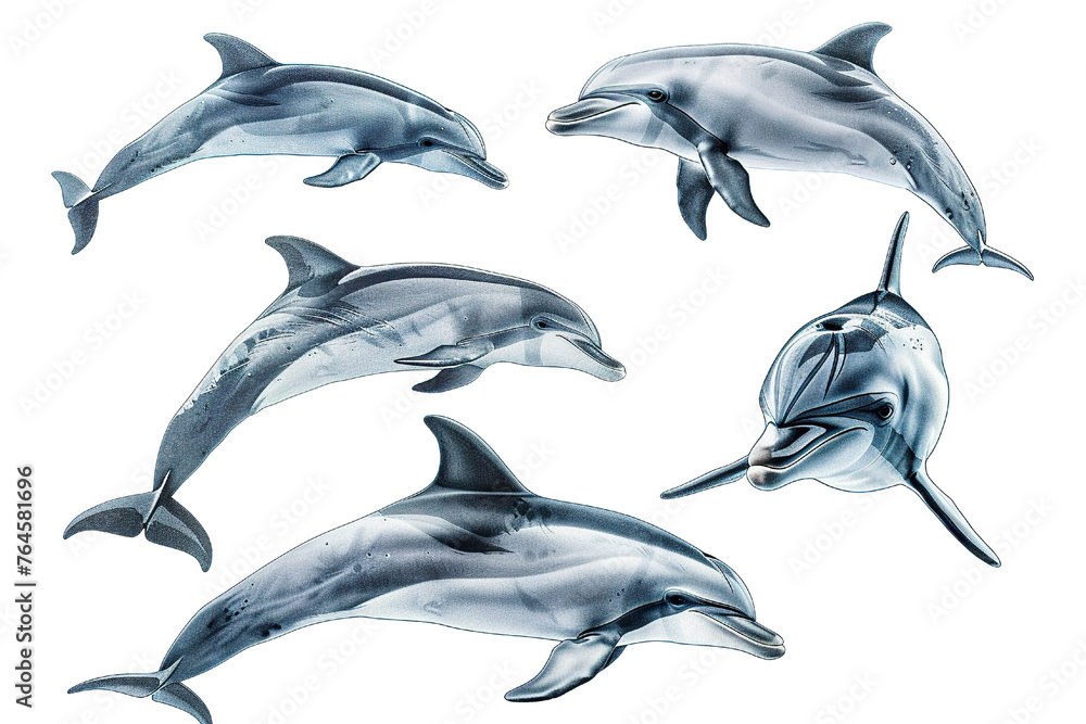 Fototapeta premium Collection of Dolphin fishes In different view, Front view, side view, rear view isolated on white background PNG